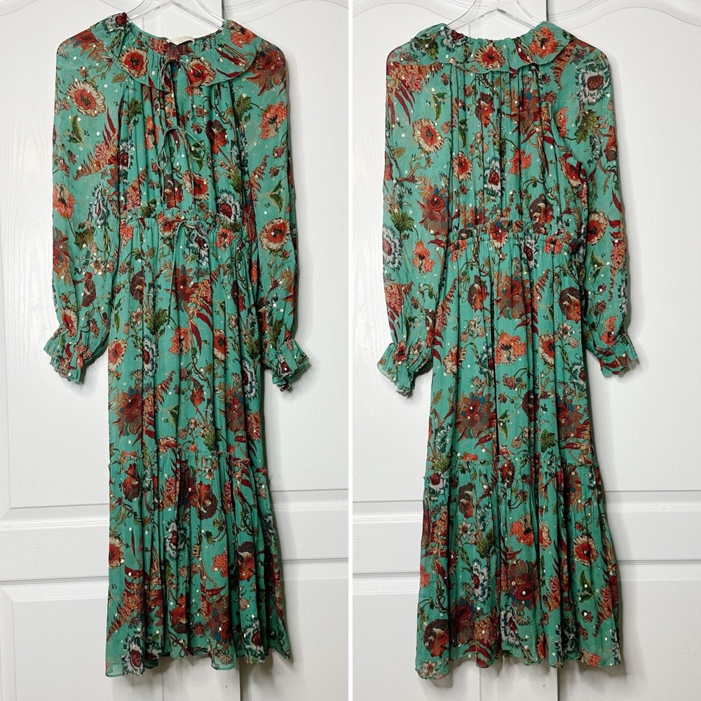 Ulla Johnson Audette Tiered Floral Silk Chiffon Dress Aqua Multi Size 6 - Picture 5 of 9